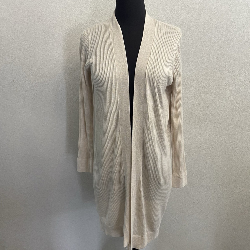 Loft Oatmeal Ribbed Open Front Duster Cardigan Long Sleeve Lightweight MP Womens